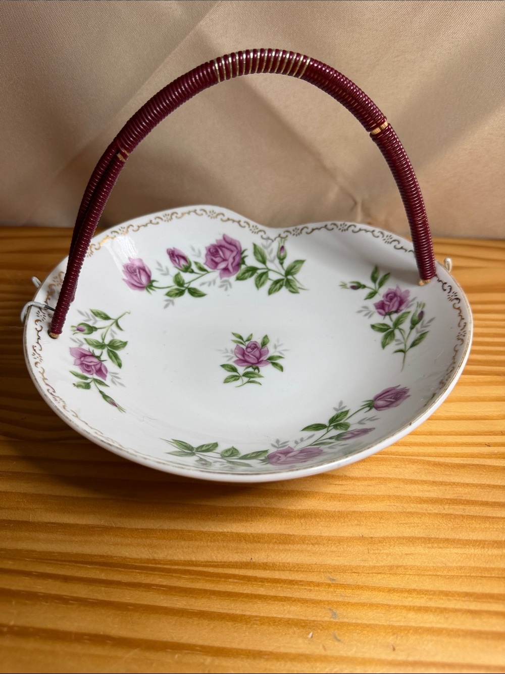 Vintage Ucagco Japan Porcelain Rose Basket Bowl Wire Handle
